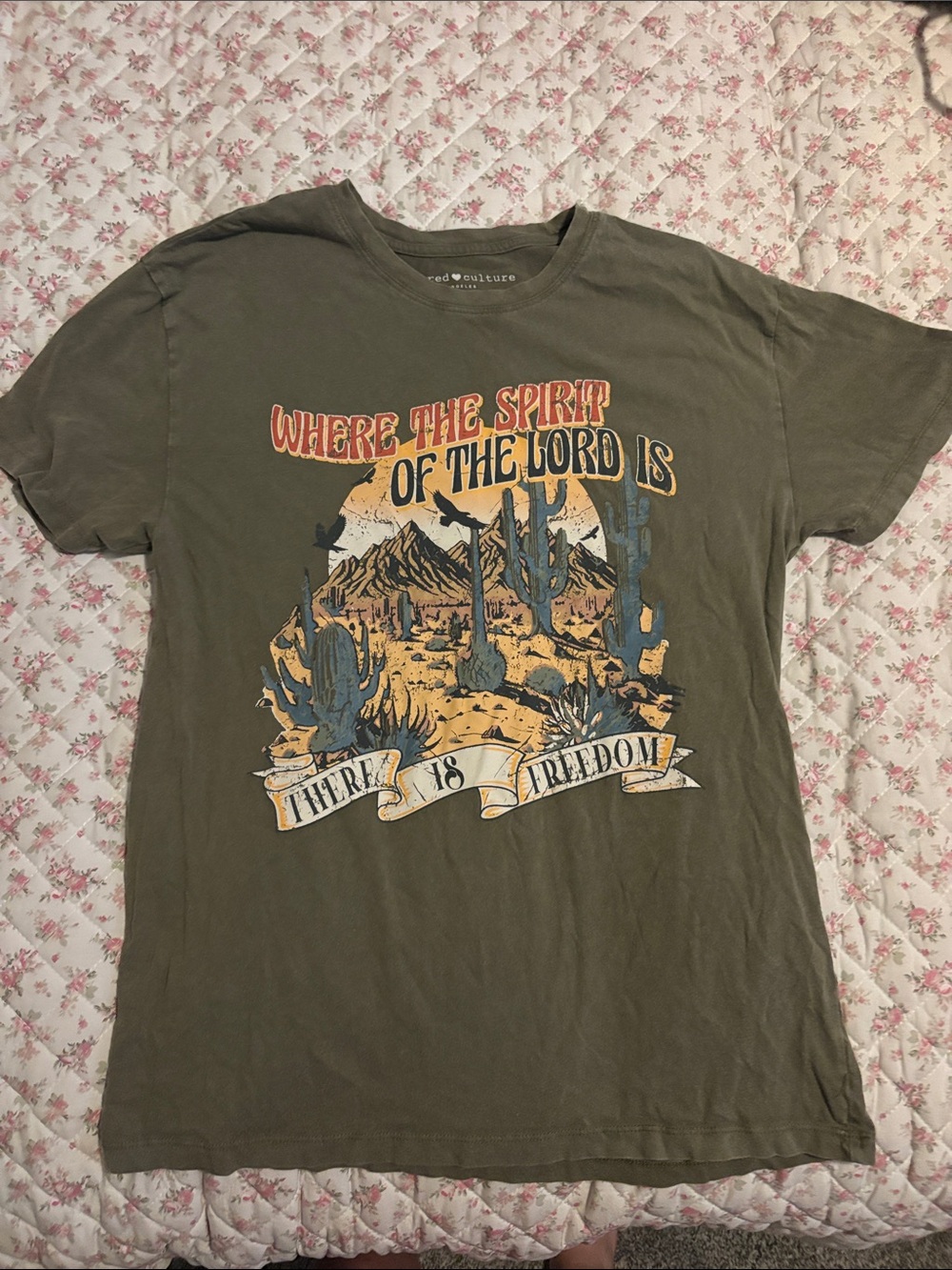 Inspired Hearts Olive Graphic Desert Tee with Orange Accents